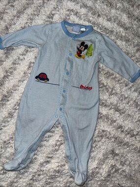 9m Vintage Disney Baby Blue Striped Mickey Mouse Footed embroidered onsie